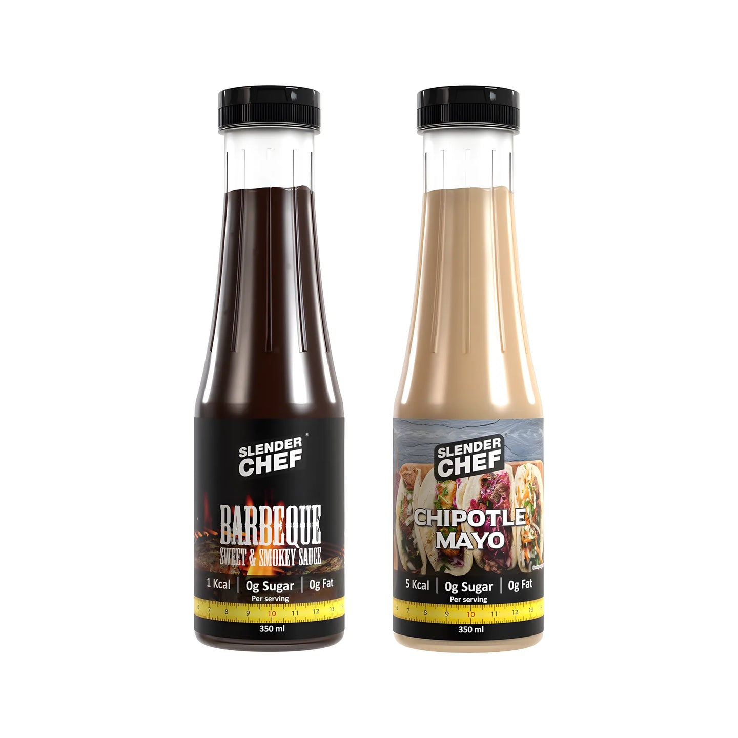 2 x Slender Chef Sauce 350 ml, kaksi eri makua vierekkäin: Barbeque Sweet & Smokey ja Chipotle Mayo.