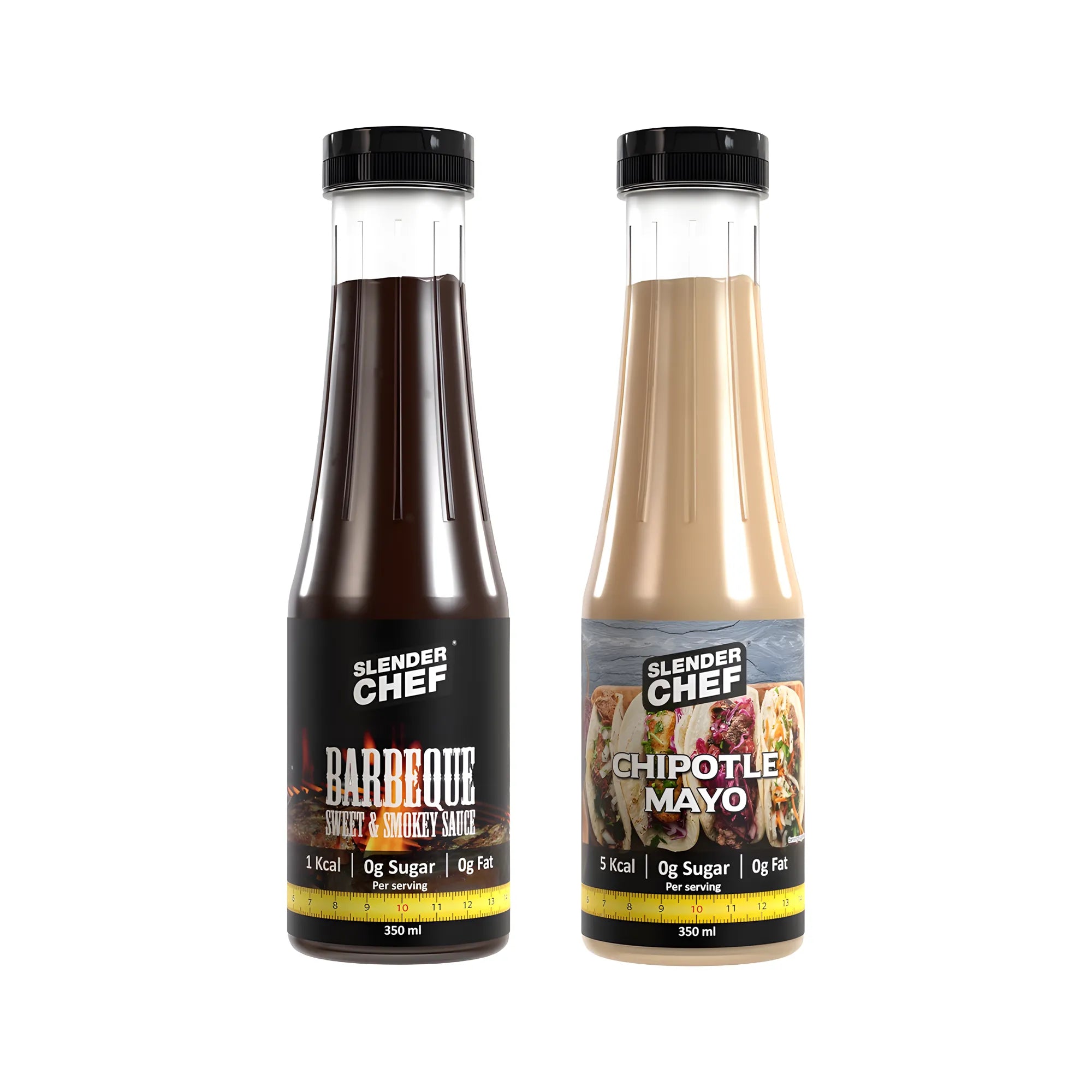 2 x Slender Chef Sauce 350 ml, kaksi eri makua vierekkäin: Barbeque Sweet & Smokey ja Chipotle Mayo.