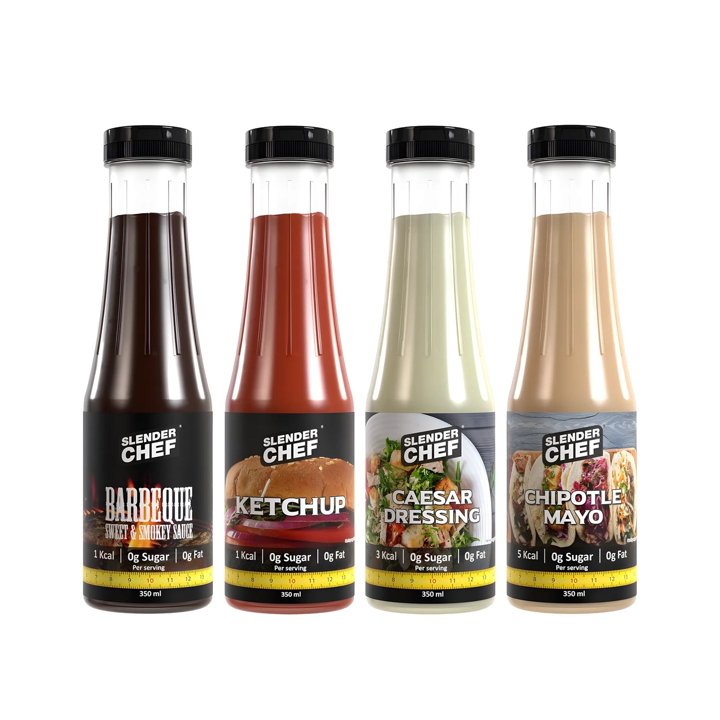 4 x Slender Chef Sauce 350 ml, neljä erilaista vähäkalorista kastiketta läpinäkyvissä muovipulloissa mustilla korkeilla.