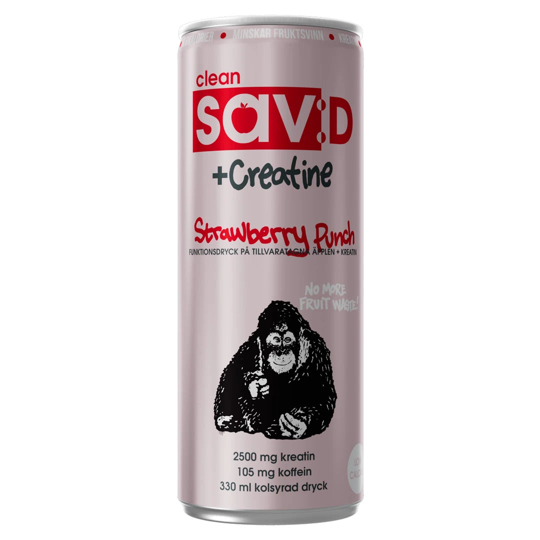 Clean Sav:D PLUS 330 ml -energiajuoma vaaleanpunaisessa tölkissä, maku Strawberry Punch.