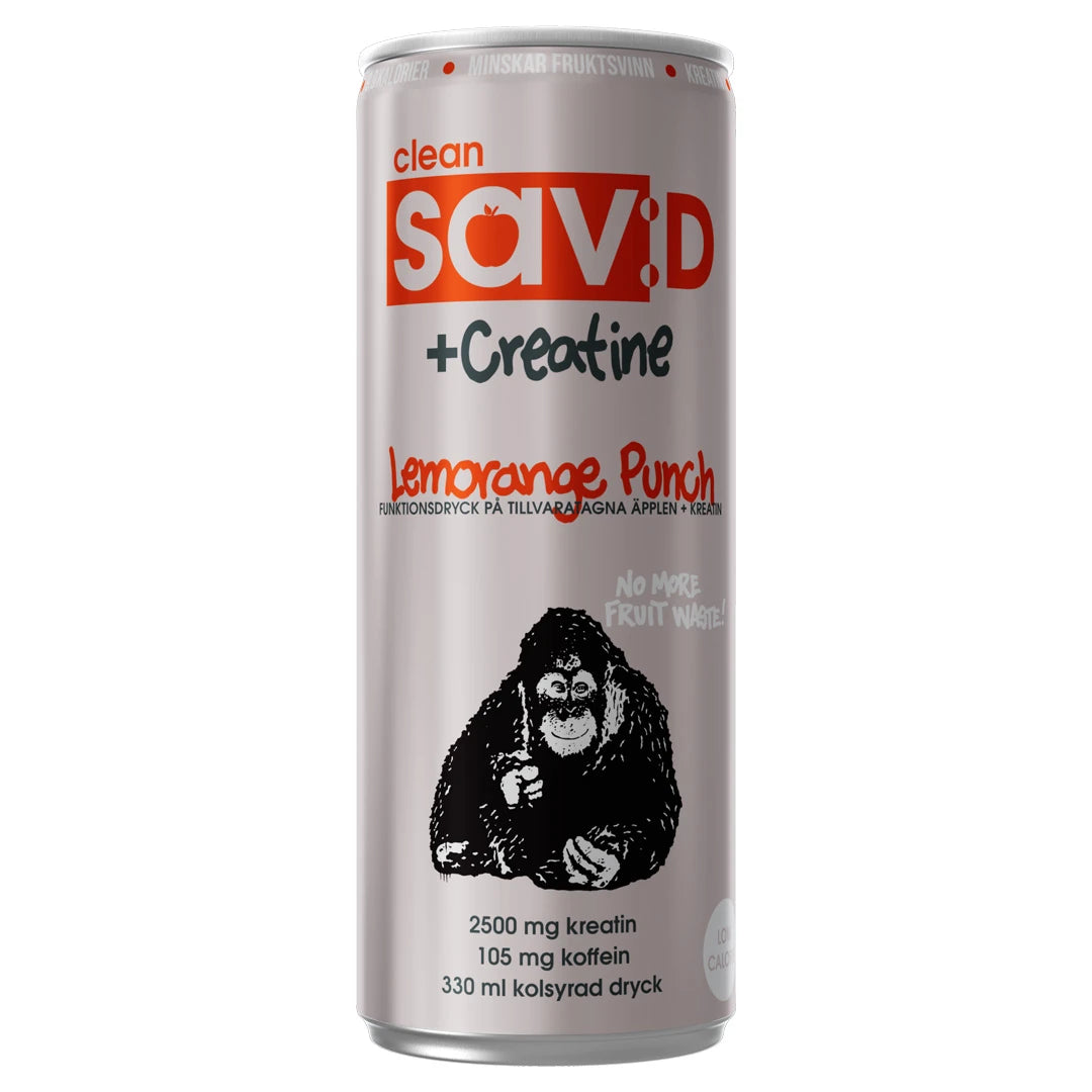 Clean sav:D PLUS 330 ml -juoma hopeisessa tölkissä oransseilla yksityiskohdilla, makuna Lemorange Punch.
