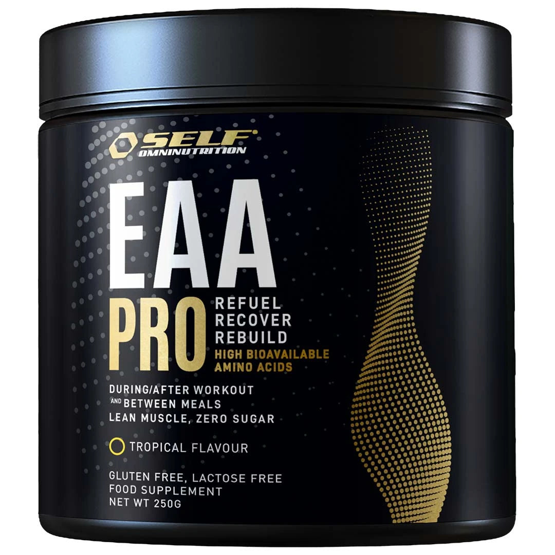 Self Omninutrition EAA Pro 250 g -aminohapot mustassa purkissa kultaisilla yksityiskohdilla, makuna Tropical Flavour.