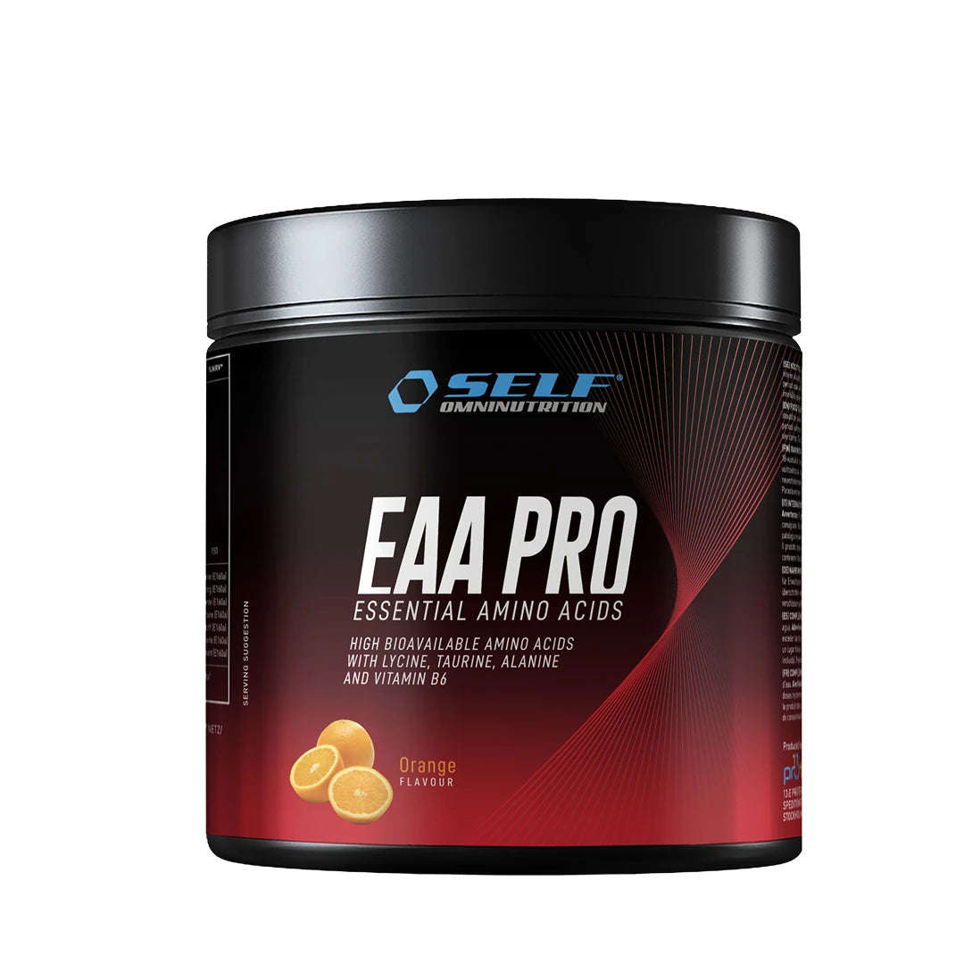 Self Omninutrition EAA Pro 200 g -aminohapot mustassa purkissa punaisilla yksityiskohdilla, makuna Orange.