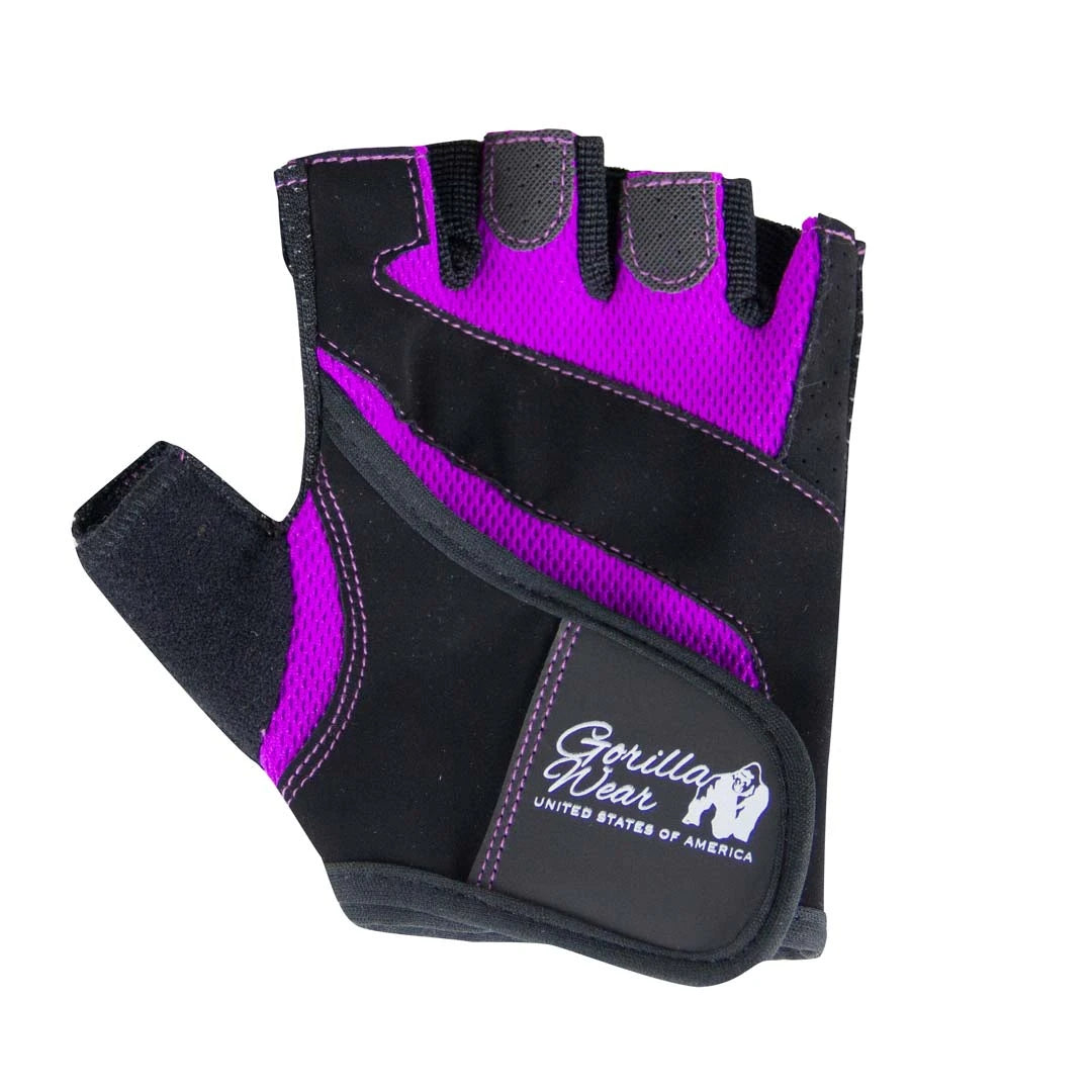 Musta ja liila Gorilla Wear Womens Fitness Gloves Black/Purple -treenihanska verkkoyksityiskohdilla ja tarranauhalla.