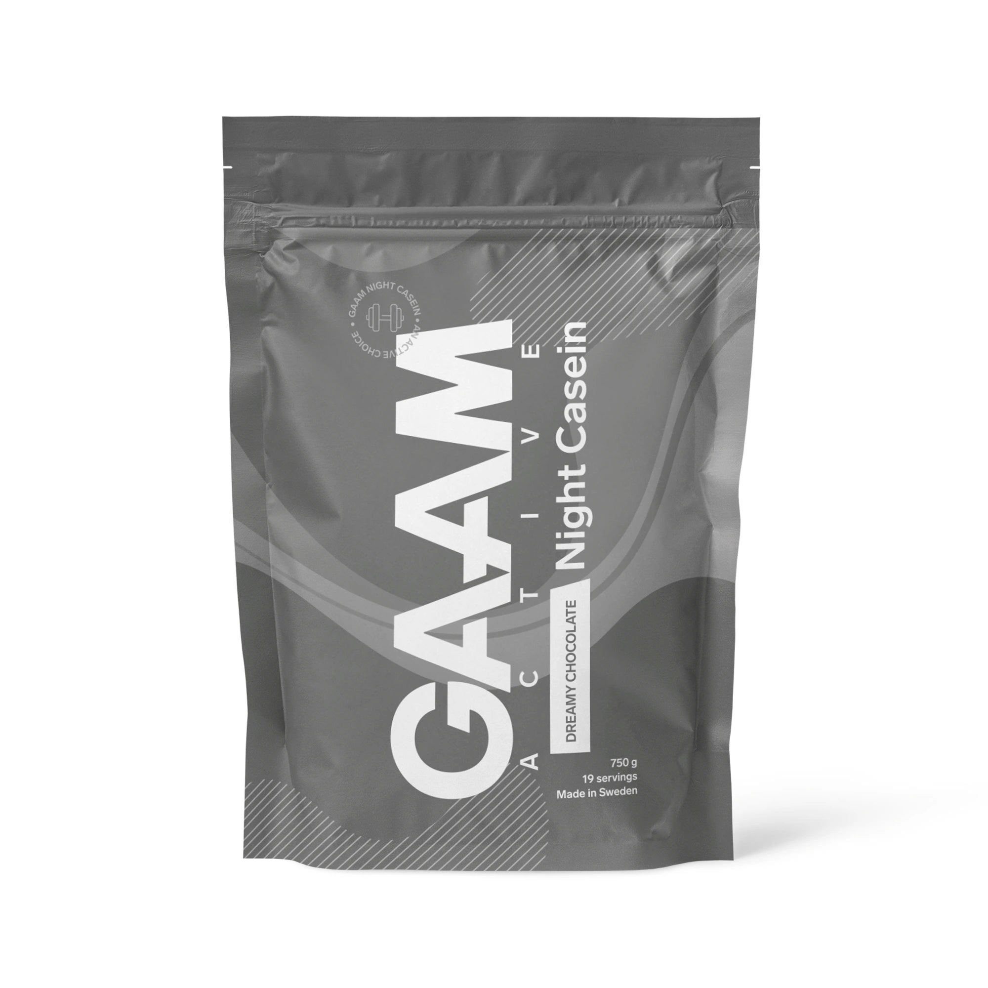 GAAM Active Night Casein 750 g -kaseiiniproteiini tummanharmaassa pussissa, makuna Dreamy Chocolate., kuva 1/3