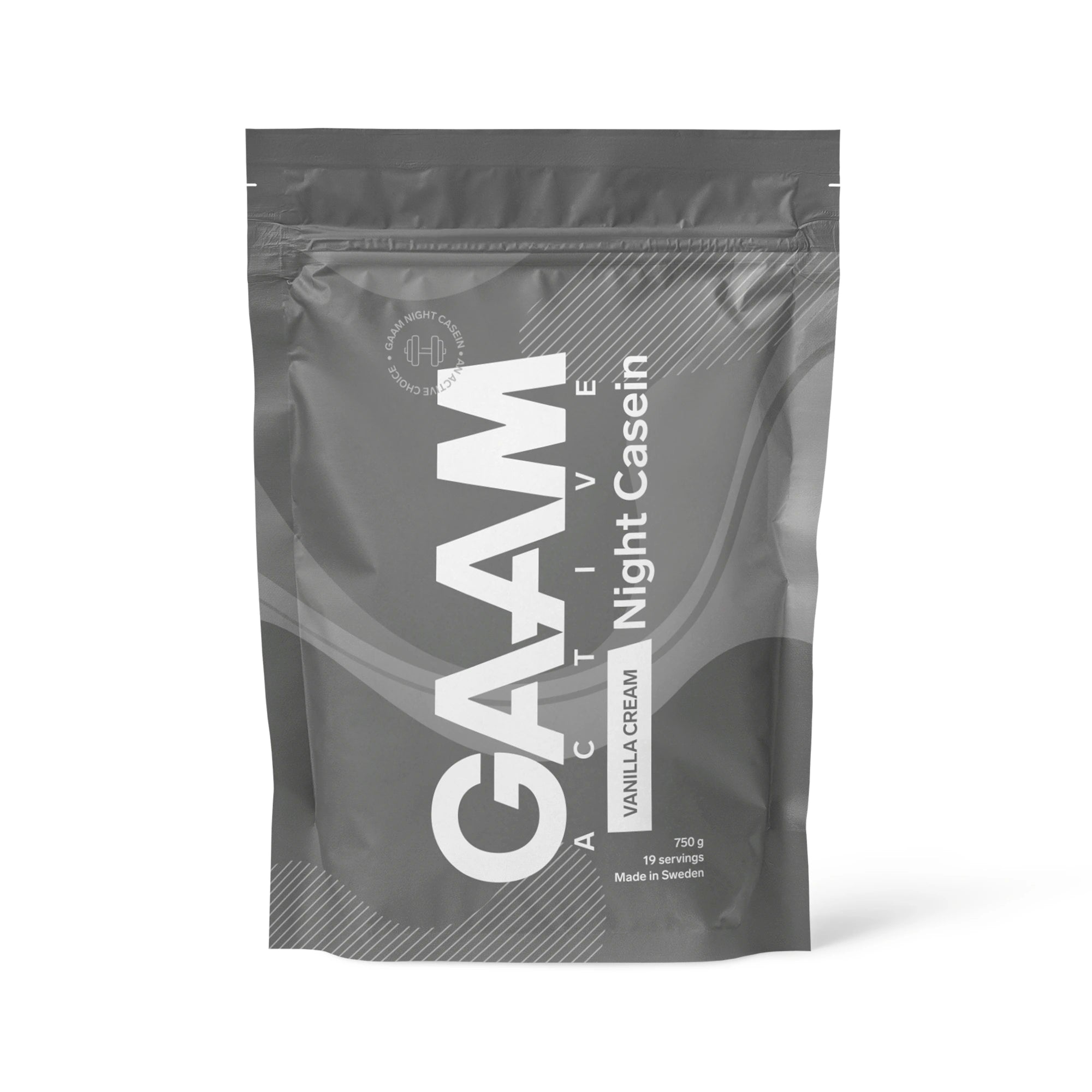 GAAM Active Night Casein 750 g -kaseiiniproteiini tummanharmaassa pussissa valkoisilla teksteillä, makuna Vanilla Cream., kuva 2/3