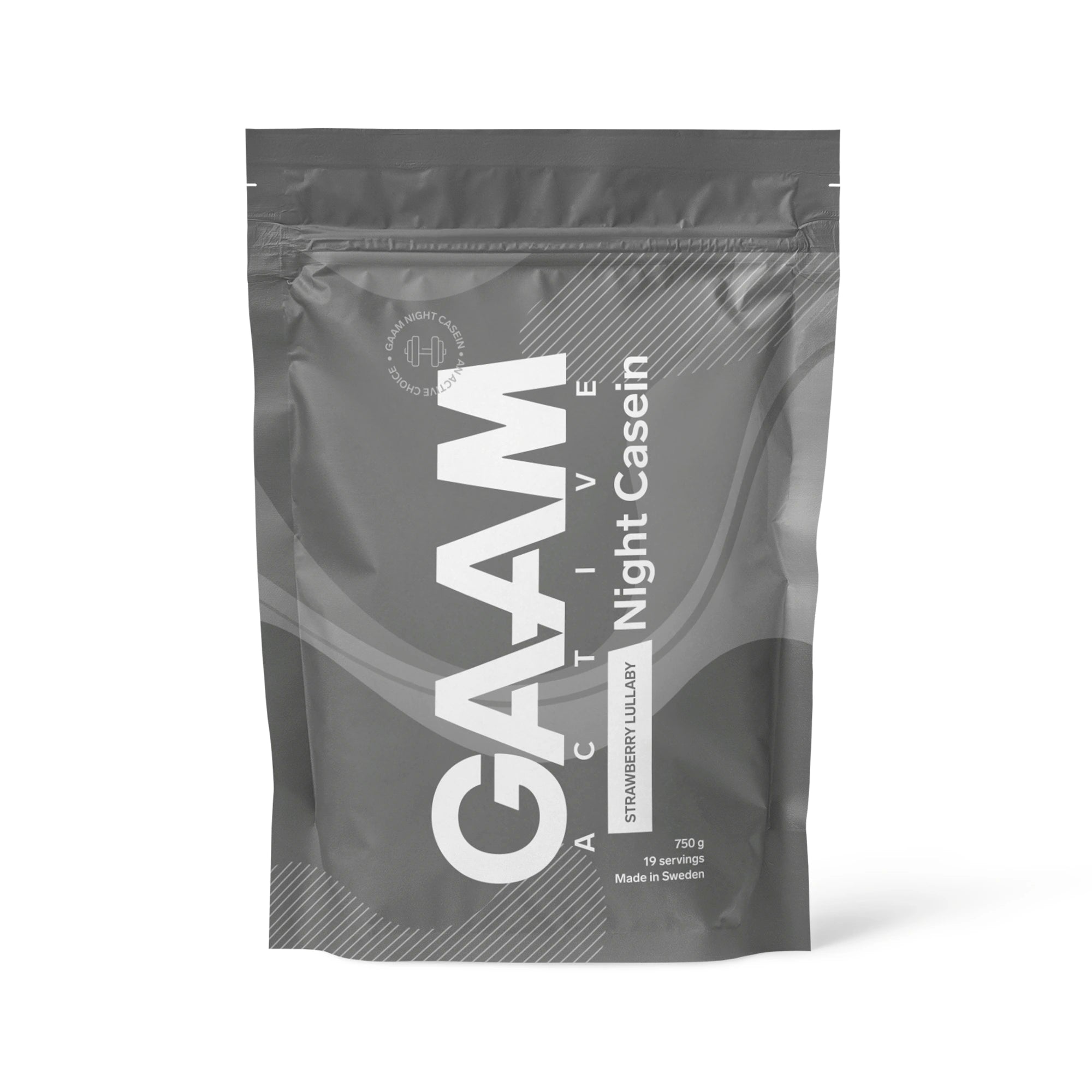 GAAM Active Night Casein 750 g -proteiinijauhe tummanharmaassa pussissa, makuna Strawberry Lullaby., kuva 3/3