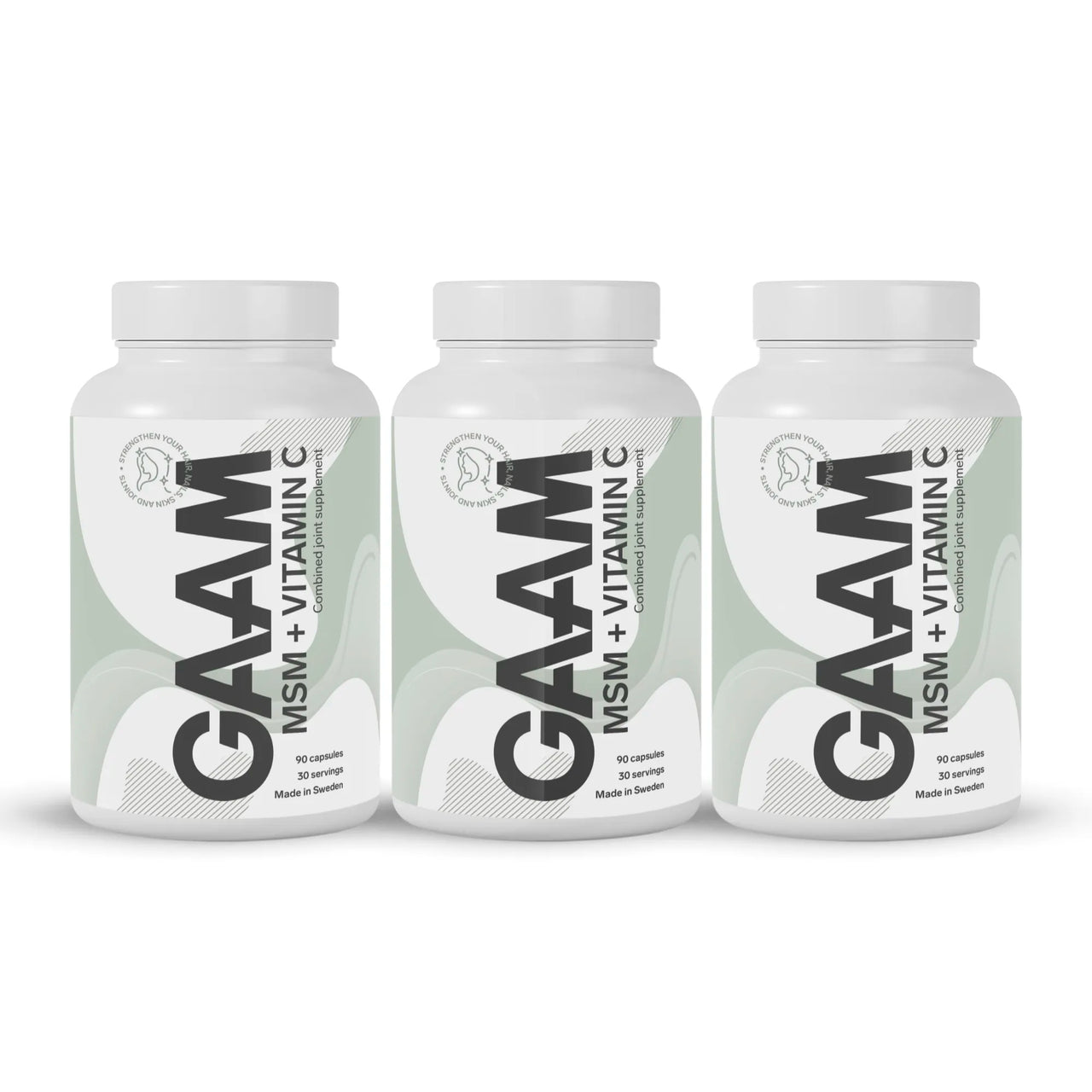 3 x GAAM MSM + Vitamin C 90 caps kolmessa valkoisessa muovipurkissa, joissa vaaleanvihreitä yksityiskohtia ja musta teksti.