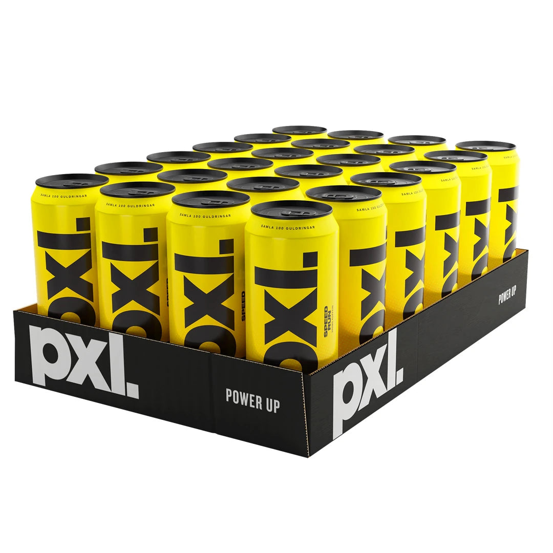 24 x PXL Energy 500 ml Speed Run mustassa laatikossa täynnä keltaisia energiajuomatölkkejä mustalla tekstillä.