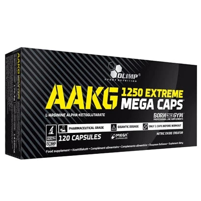 Olimp AAKG Extreme Mega Caps 120 caps -ravintolisä mustassa pakkauksessa keltaisella ja valkoisella tekstillä.