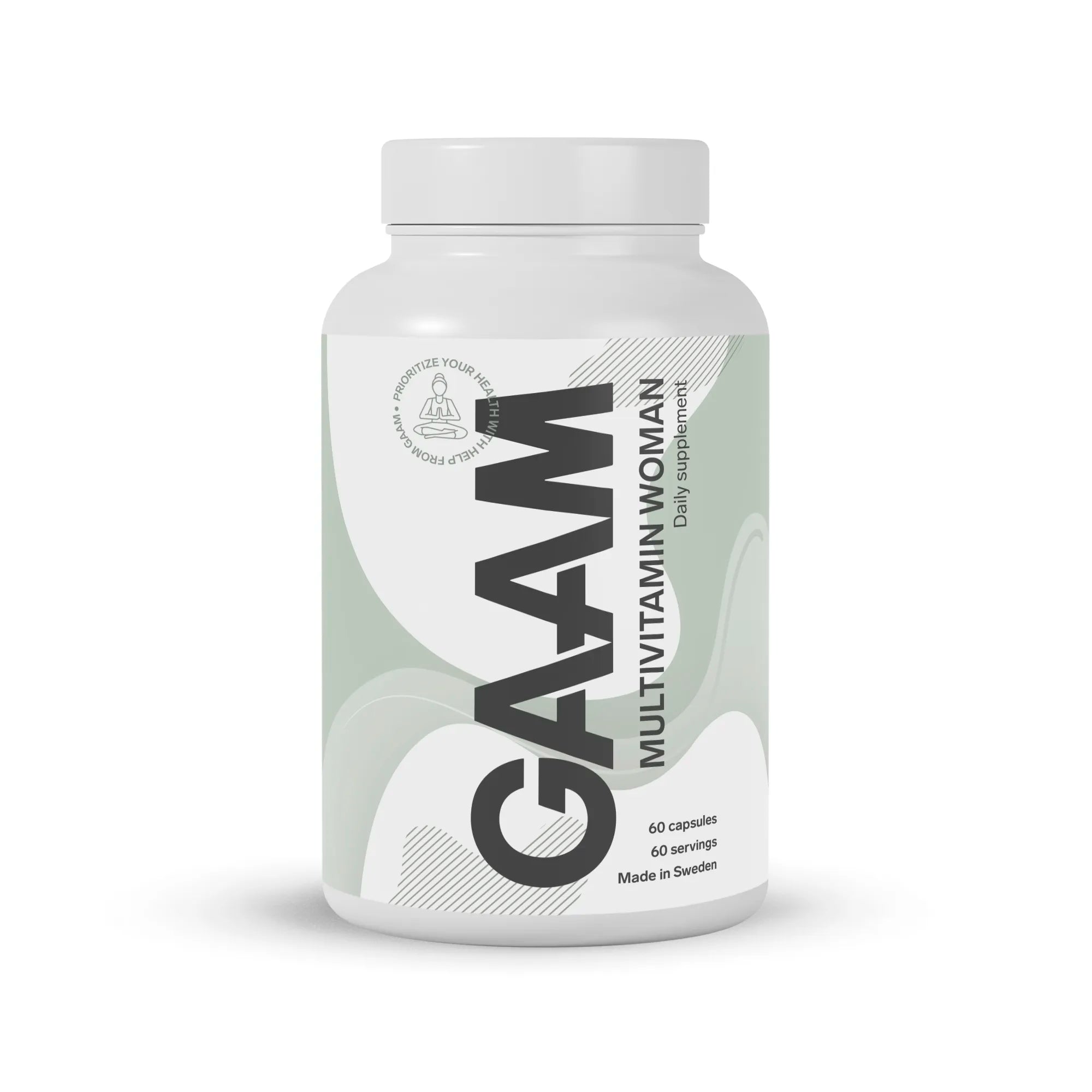 GAAM Multivitamin Woman 60 caps valkoisessa purkissa vihervalkoisella etiketillä, naisille suunniteltu ravintolisä.