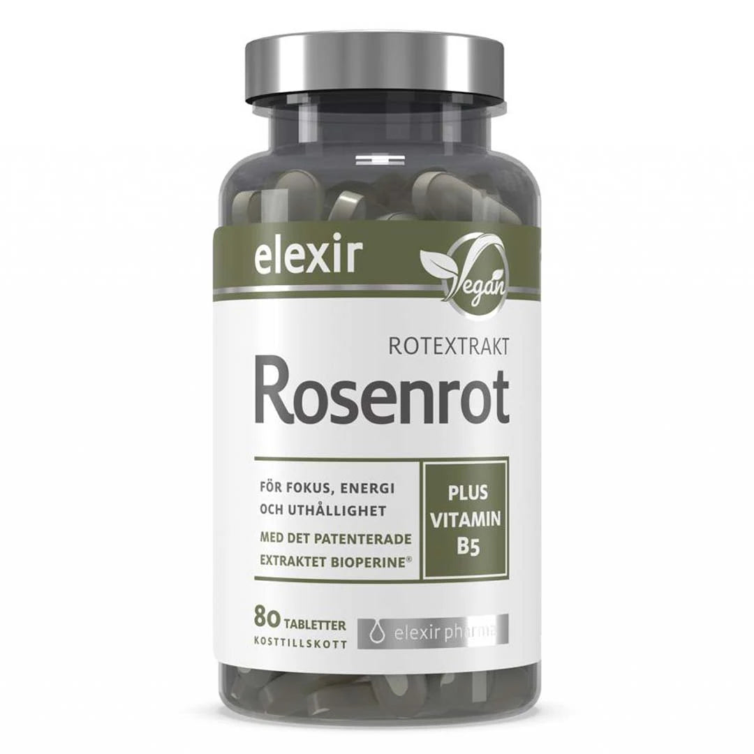 Elexir Pharma Rosenrot 80 tabs läpinäkyvässä purkissa, jossa on valko-vihreä etiketti ja vegaanisymboli.