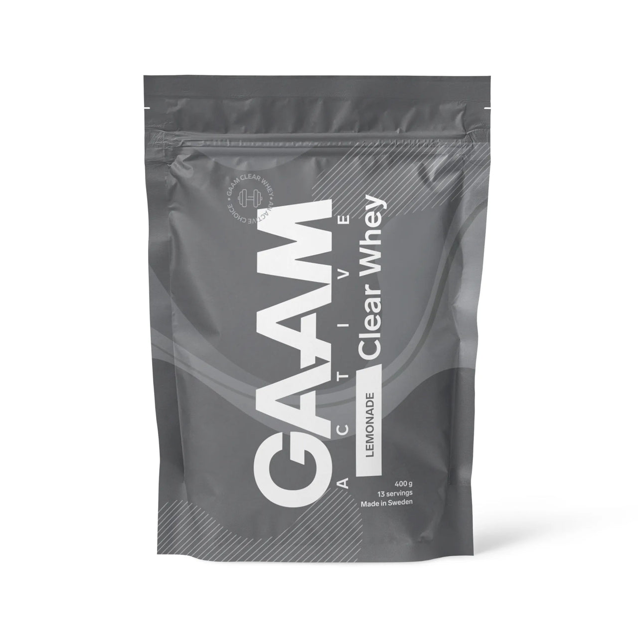GAAM Active Clear Whey 400 g -proteiinijauhe harmaassa pussissa valkoisilla yksityiskohdilla, makuna Lemonade.