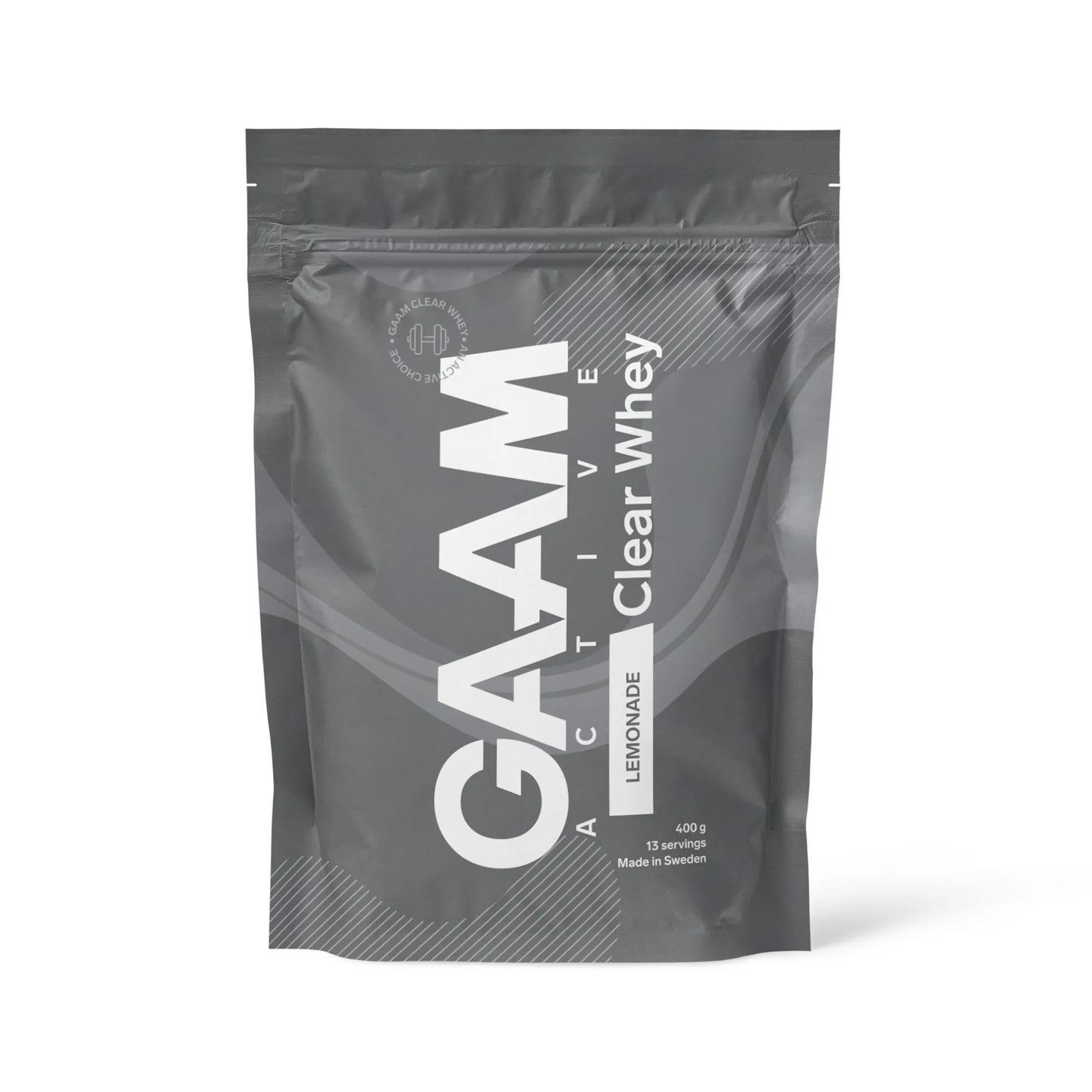 GAAM Active Clear Whey 400 g -proteiinijauhe harmaassa pussissa valkoisilla yksityiskohdilla, makuna Lemonade., kuva 1/2