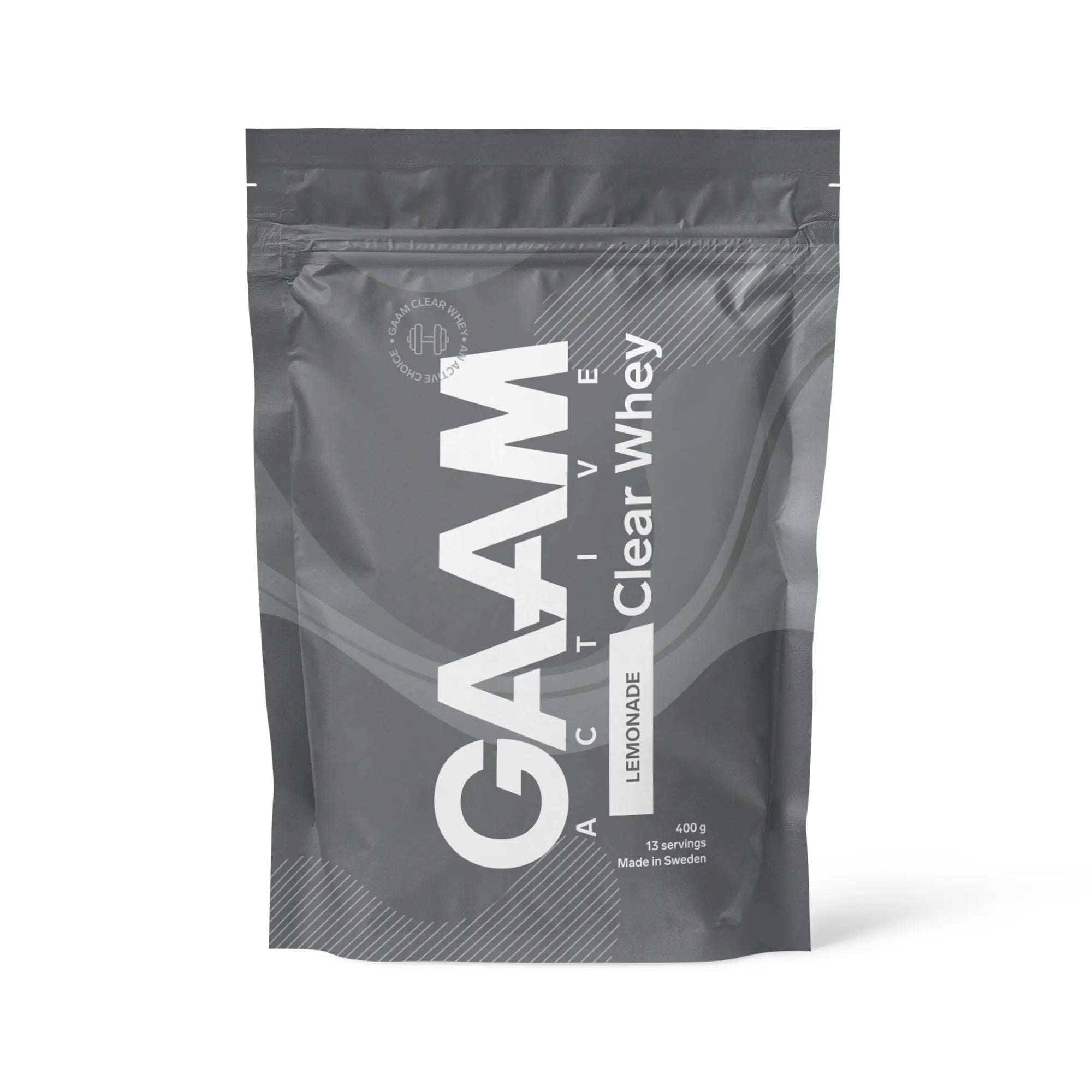 GAAM Active Clear Whey 400 g -proteiinijauhe harmaassa pussissa valkoisilla yksityiskohdilla, makuna Lemonade., kuva 1/2