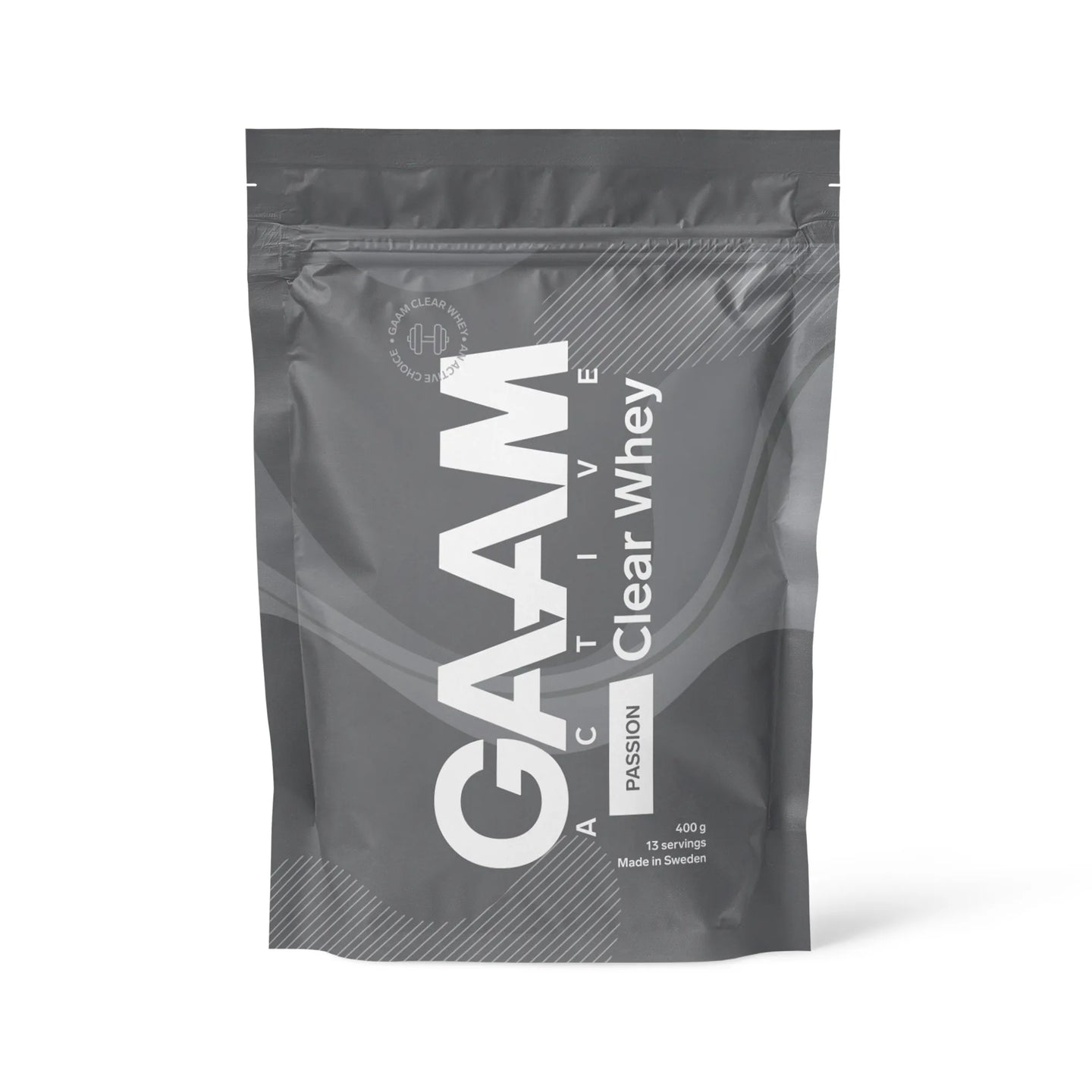 GAAM Active Clear Whey 400 g -proteiinijauhe harmaassa pussissa valkoisella tekstillä, makuna Passion Fruit., kuva 2/2