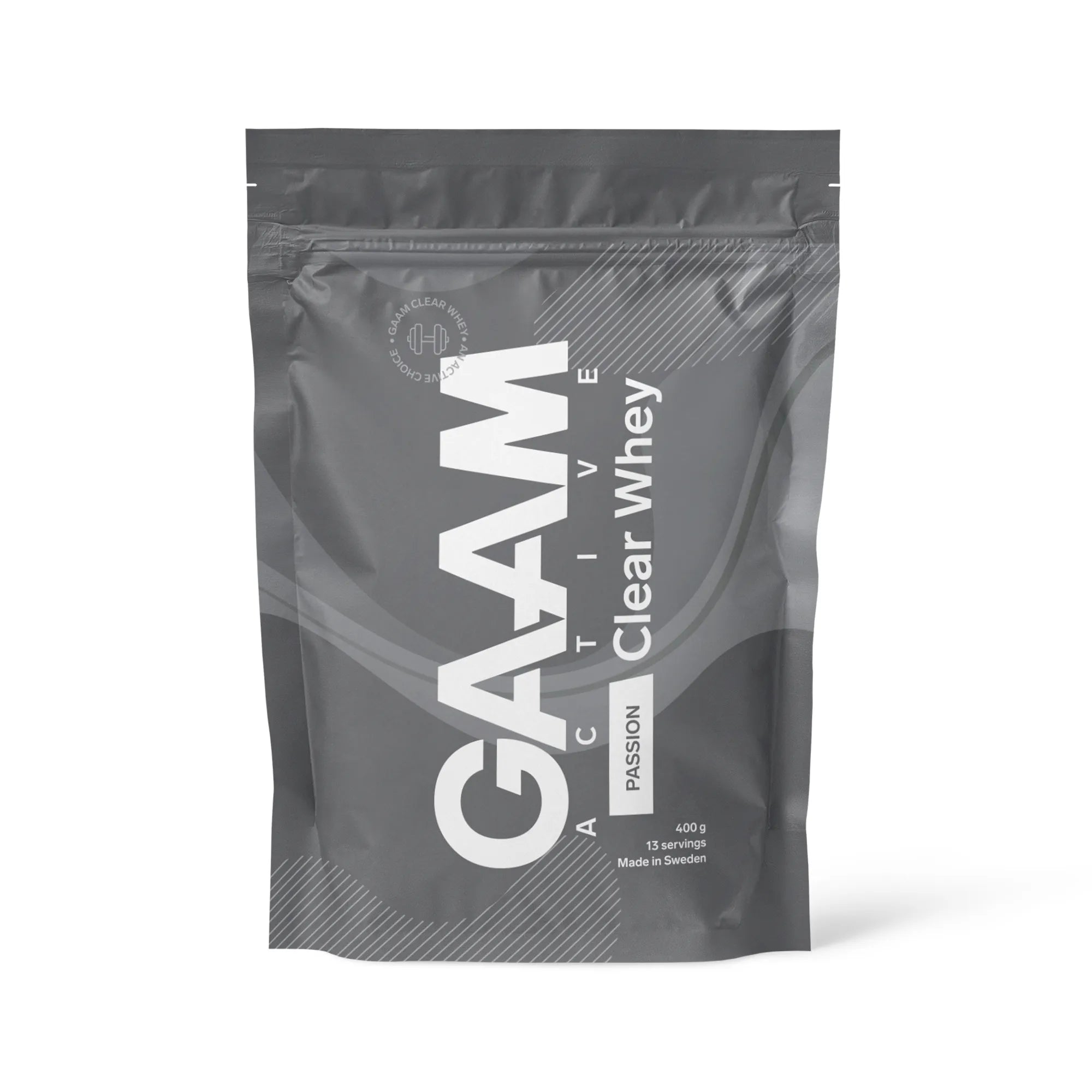 GAAM Active Clear Whey 400 g -proteiinijauhe harmaassa pussissa valkoisella tekstillä, makuna Passion Fruit., kuva 2/2