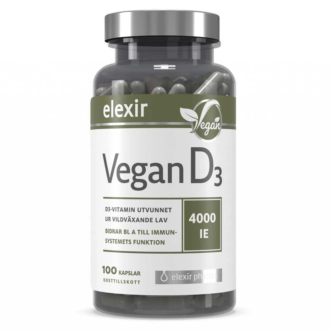 Elexir Pharma D3 Vegan Vitamin 4000IE 100 caps läpinäkyvässä purkissa, jossa on valkovihreä etiketti ja hopeinen kansi.