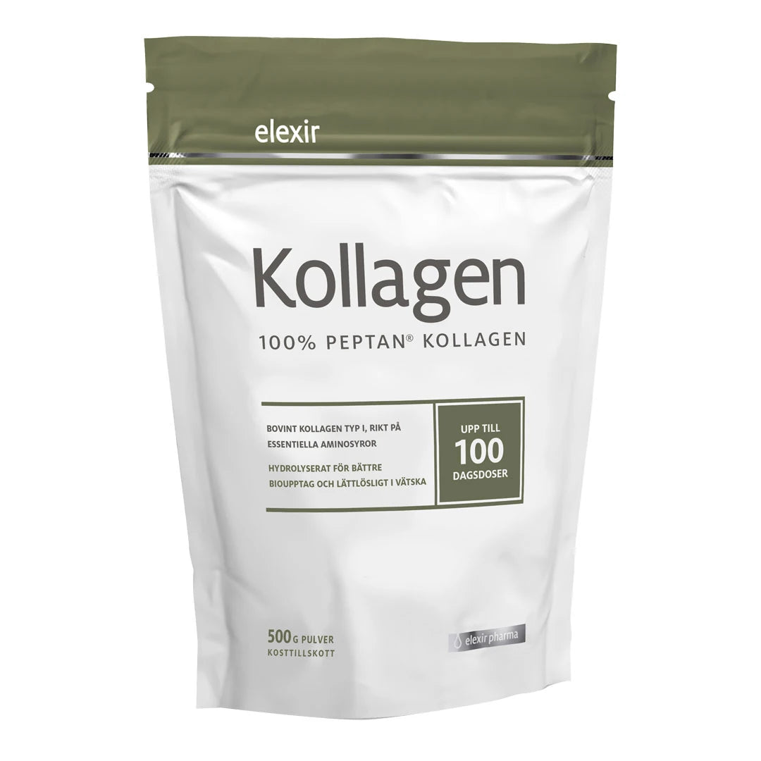 Elexir Pharma Kollagen 100% Peptan 500 g -ravintolisä valkoisessa pussissa, jossa on oliivinvihreitä yksityiskohtia.