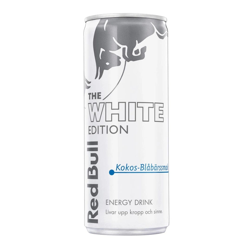 Red Bull energiajuoma 250 ml valkoisessa tölkissä, makuna White Edition Kookos-Mustikka.