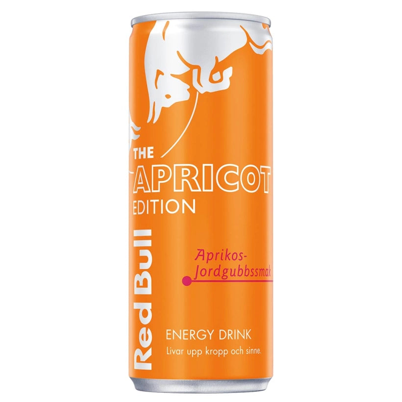 Red Bull energiajuoma 250 ml oranssissa tölkissä, The Apricot Edition, makuna aprikoosi ja mansikka.