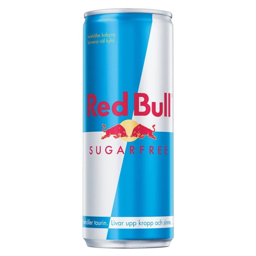 Sokeriton Red Bull Energiajuoma 250 ml klassisessa vaaleansinisessä ja hopeisessa tölkissä.