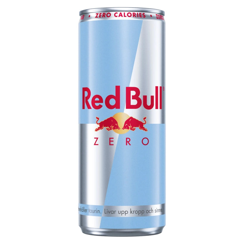 Red Bull energiajuoma 250 ml maussa Zero vaaleansinisessä ja hopeisessa alumiinitölkissä.