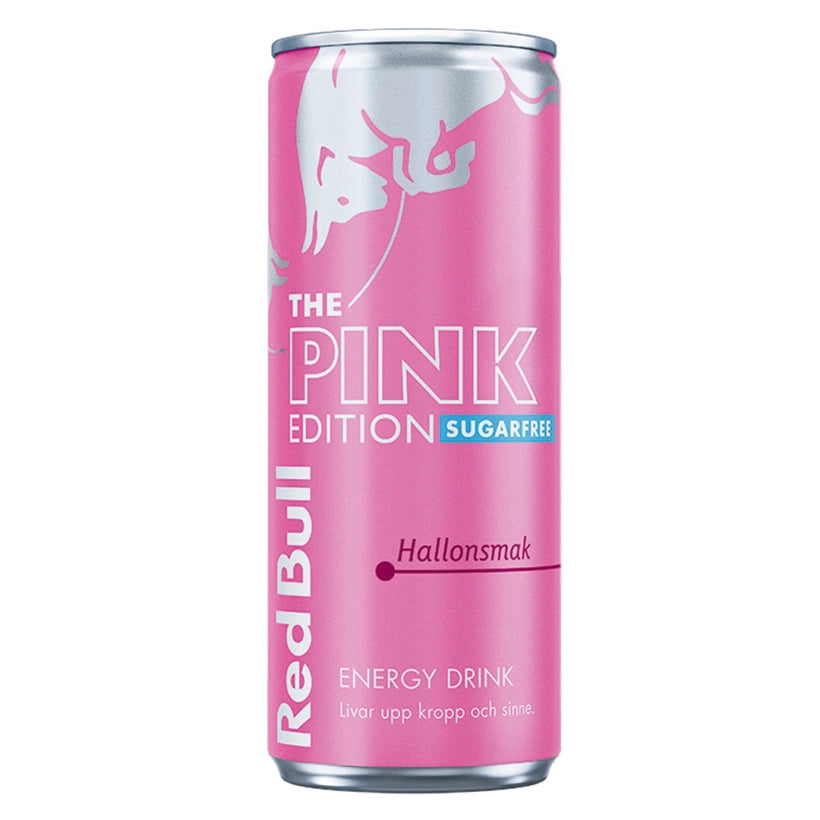 Vaaleanpunainen tölkki vadelmanmakuista Red Bull -energiajuomaa 250 ml, The Pink Edition Sugarfree.