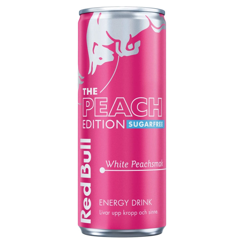 Red Bull energiajuoma 250 ml vaaleanpunaisessa tölkissä, makuna sokeriton White Peach.