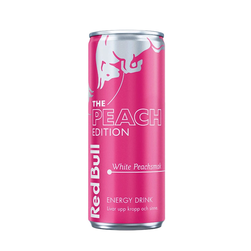 Red Bull energiajuoma 250 ml The Peach Edition vaaleanpunaisessa tölkissä, makuna White Peach.