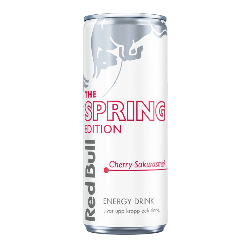 Red Bull energiajuoma 250 ml valko-hopeisessa tölkissä pinkillä tekstillä, makuna The Spring Edition Cherry-Sakura.