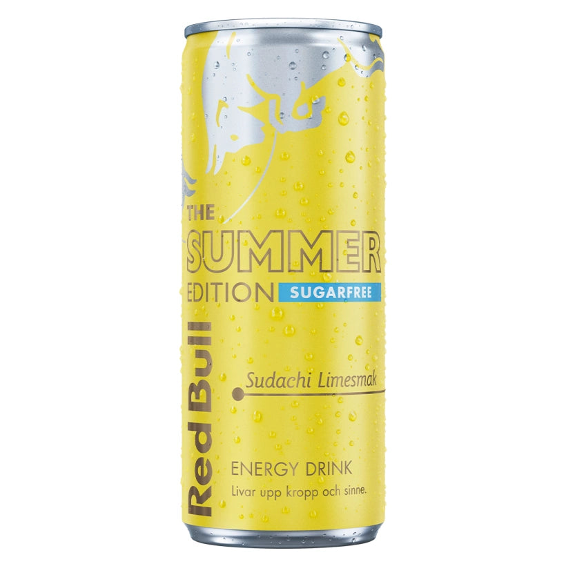 Red Bull energiajuoma 250 ml, keltainen metallitölkki kondenssipisaroilla, The Summer Edition Sugarfree Sudachi Lime.