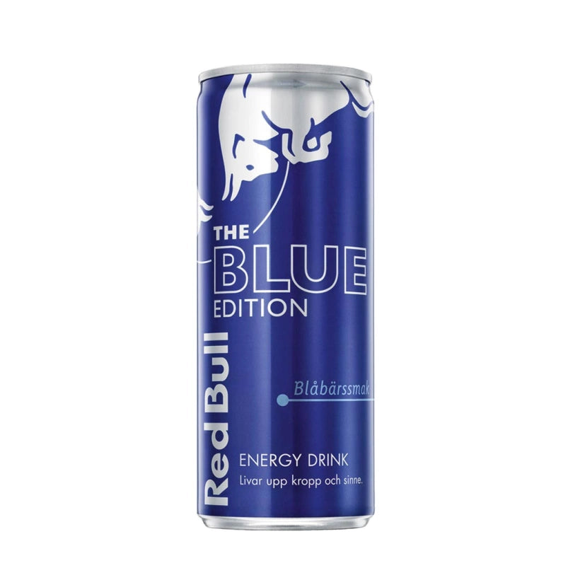 Mustikanmakuinen Red Bull -energiajuoma 250 ml The Blue Edition -sarjan tummansinisessä tölkissä.