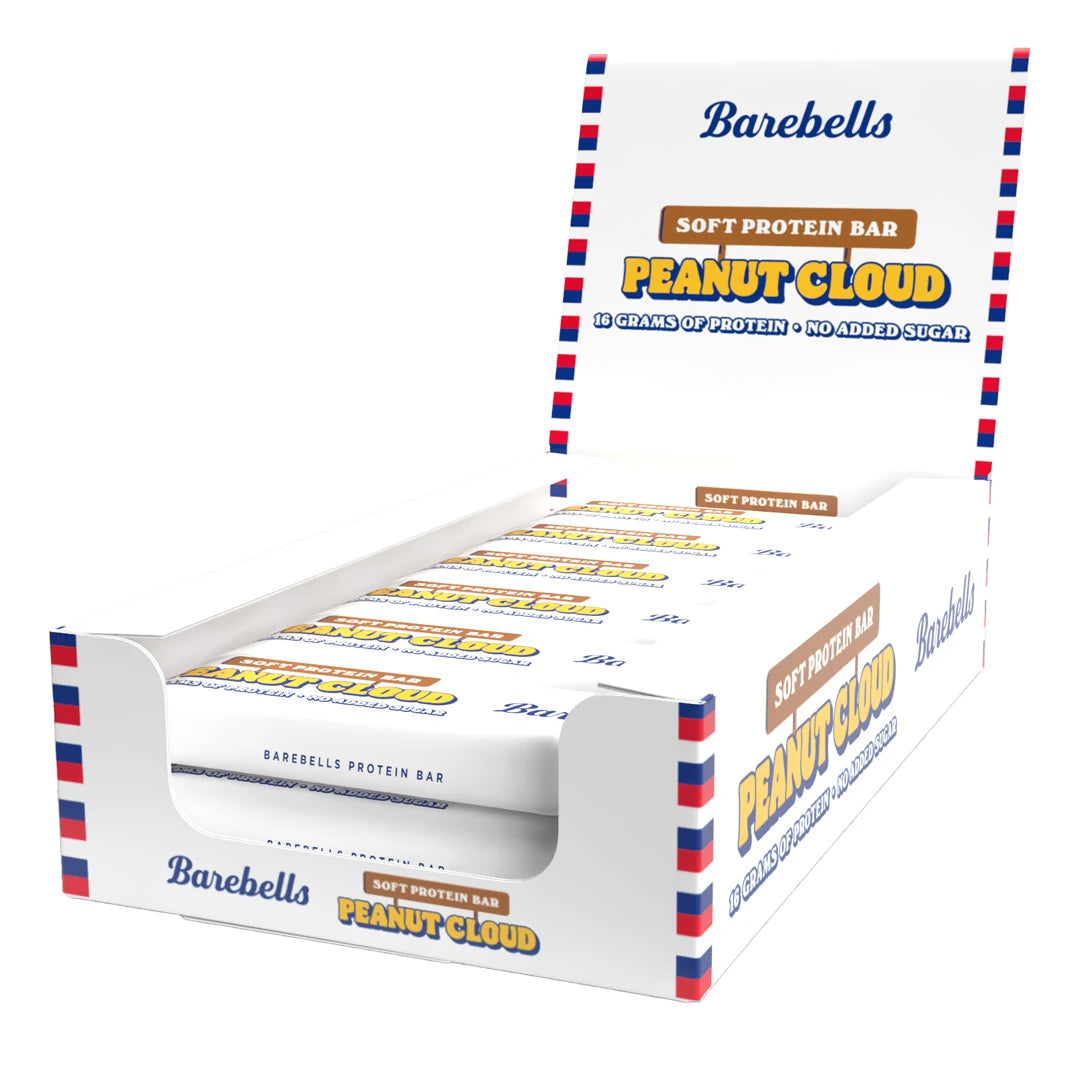 12 x Barebells Soft protein bar 55 g Peanut Cloud valkoisessa esittelylaatikossa punaisilla ja sinisillä yksityiskohdilla.