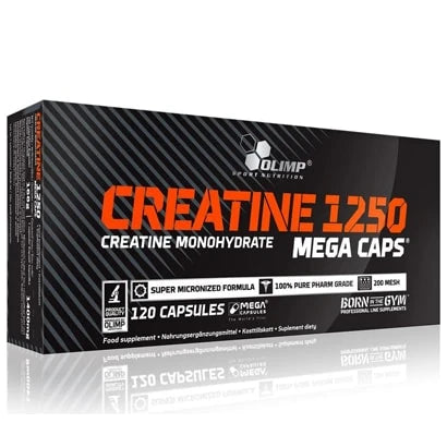 Olimp Creatine Mega caps 120 caps -kreatiinimonohydraatti mustassa rasiassa oranssilla ja valkoisella tekstillä.