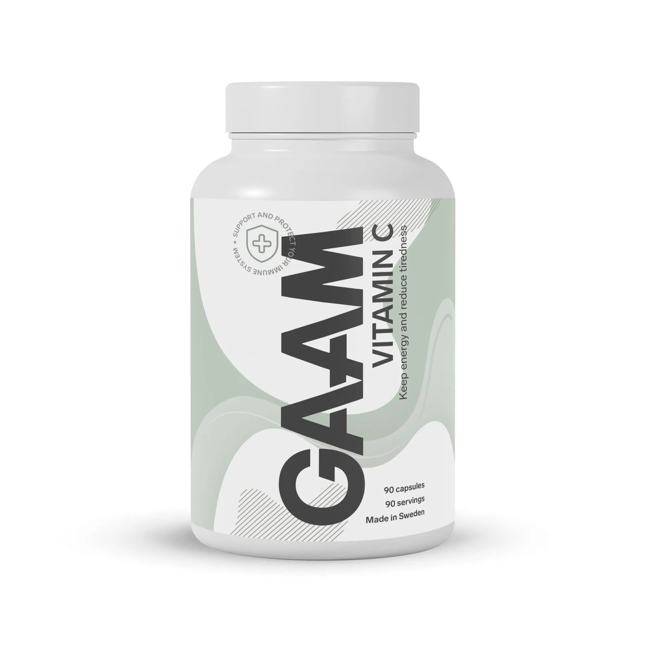 GAAM Vitamin C 90 caps -ravintolisä valkoisessa purkissa, jonka etiketissä on vaaleanvihreitä yksityiskohtia.