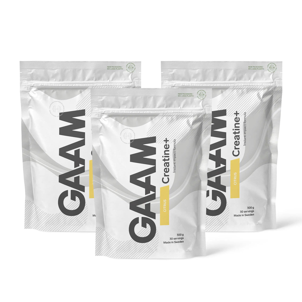 3 x GAAM Creatine+ 300 g kolmessa valkoisessa pussissa harmailla ja keltaisilla yksityiskohdilla, makuna Citrus.