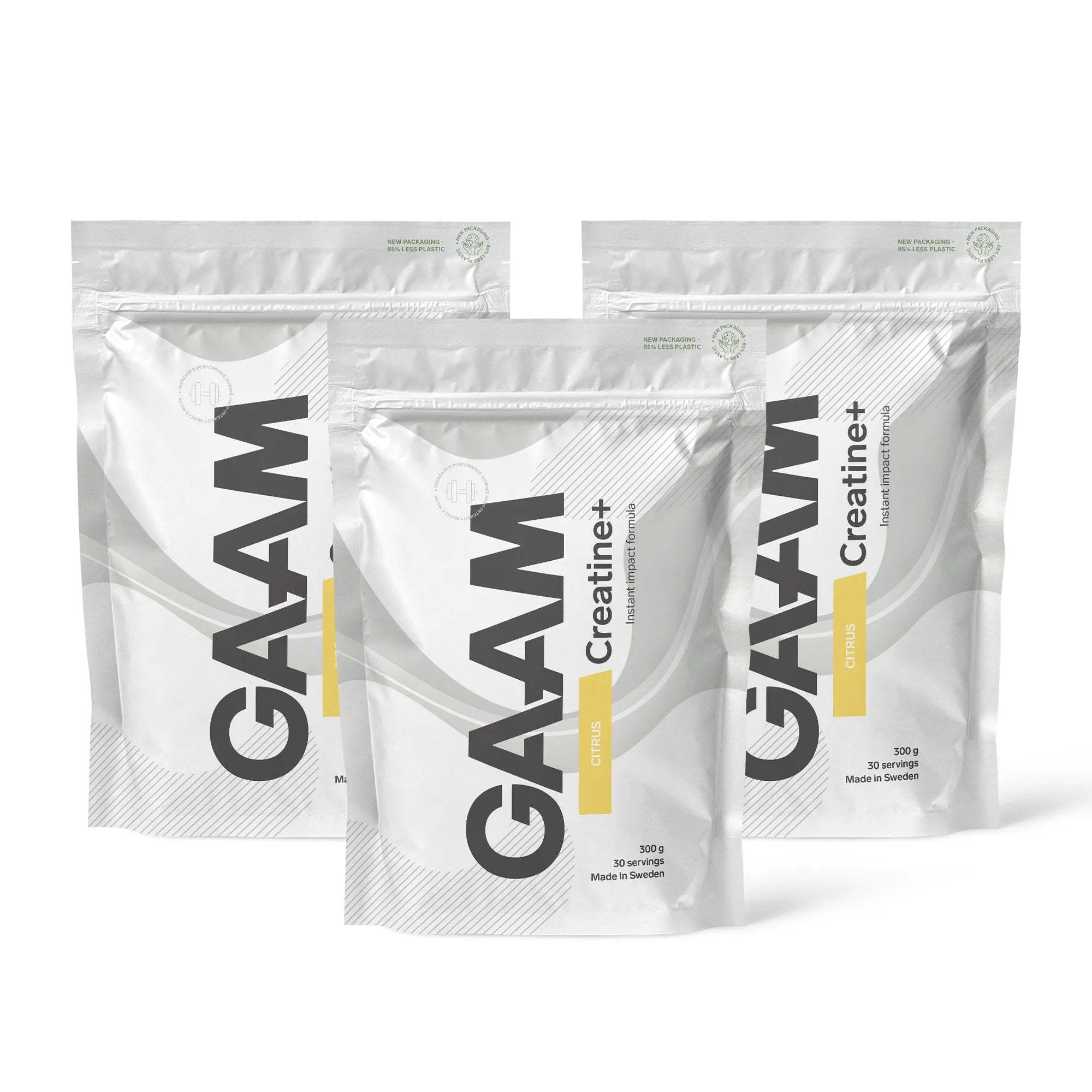 3 x GAAM Creatine+ 300 g kolmessa valkoisessa pussissa harmailla ja keltaisilla yksityiskohdilla, makuna Citrus.