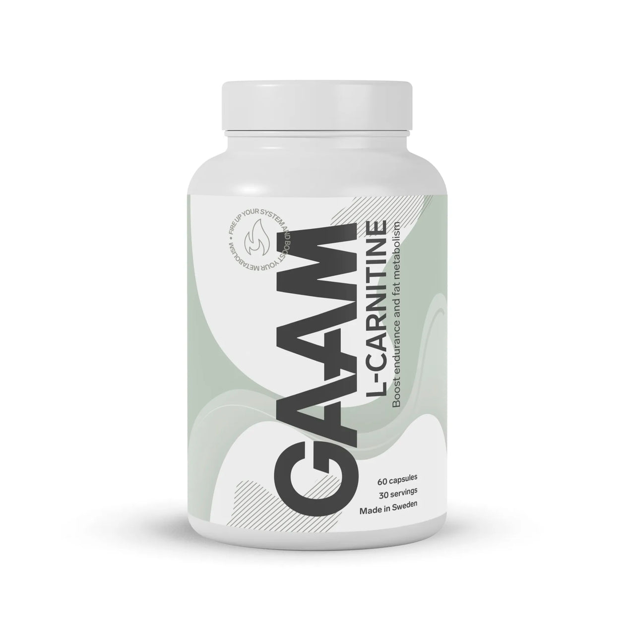 GAAM L-Carnitine 60 caps -ravintolisä valkoisessa purkissa, jossa on harmaanvihreitä yksityiskohtia ja tummaa tekstiä.