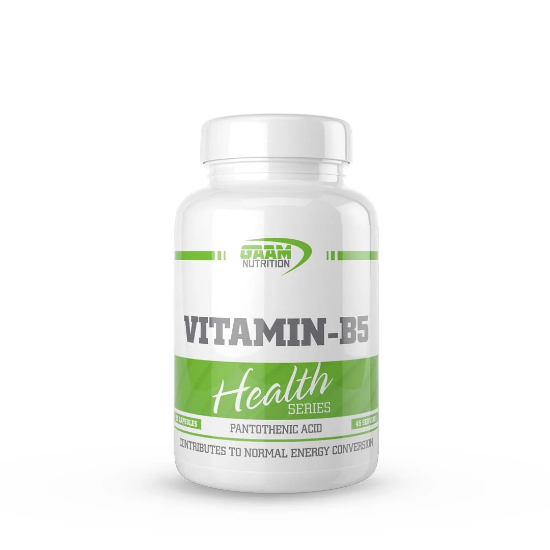 GAAM Vitamin B5 90 caps -ravintolisä valkoisessa purkissa vihreillä yksityiskohdilla.