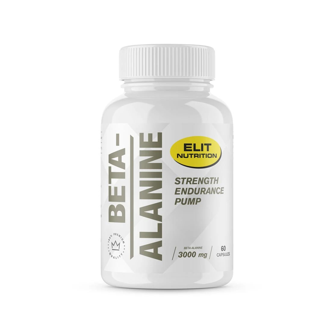 Elit Nutrition Beta-Alanine 60 caps valkoisessa purkissa, jossa on harmaa teksti ja keltainen logo.