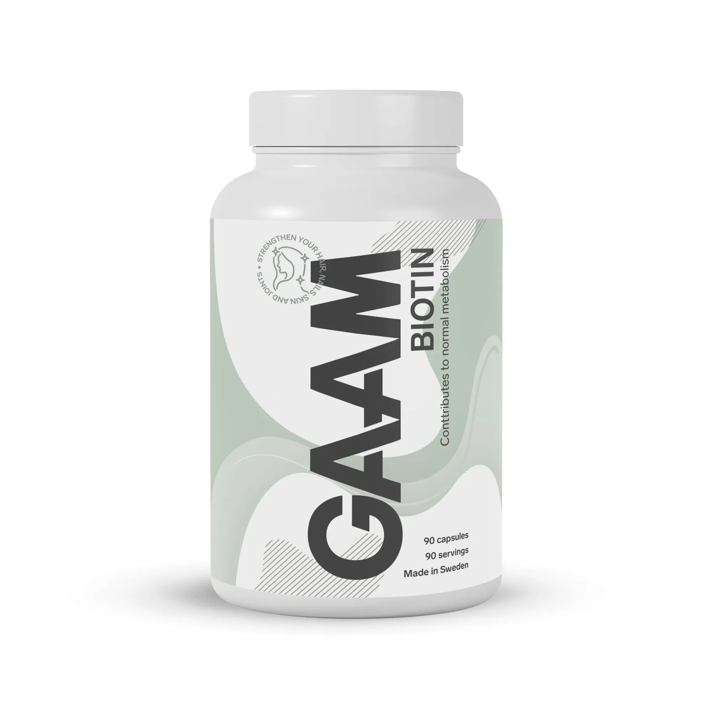 GAAM Biotin 90 caps valkoisessa muovipurkissa, jossa on vaaleanvihreitä ja valkoisia graafisia yksityiskohtia.