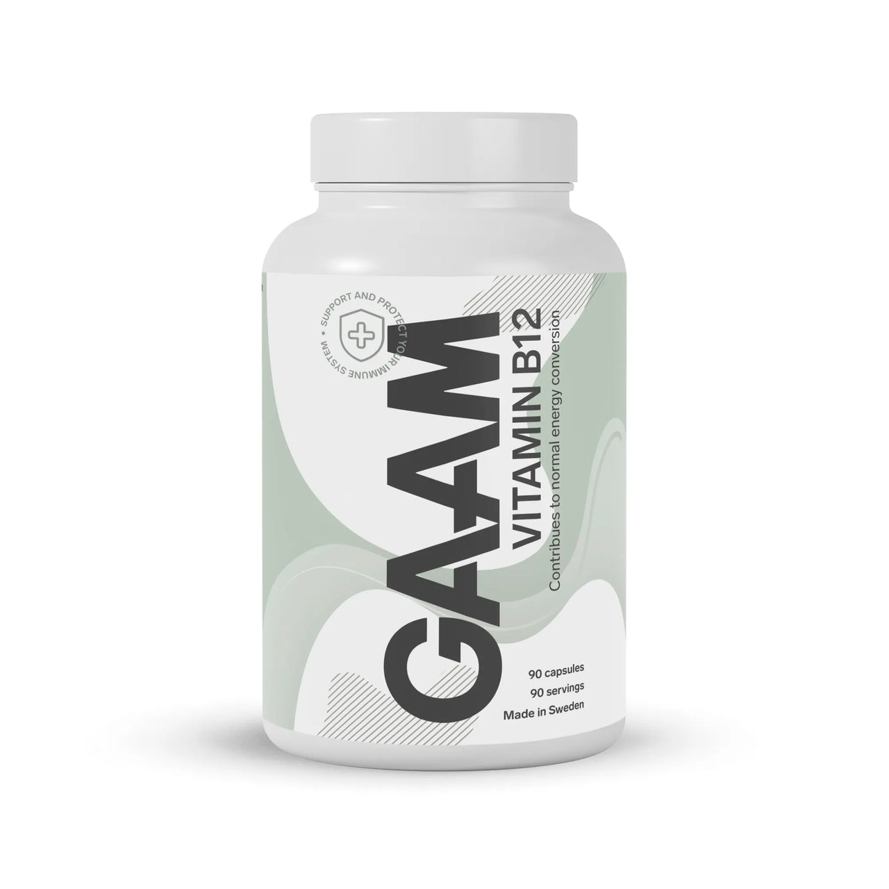GAAM Vitamin B12 90 caps -ravintolisä valkoisessa purkissa vaaleanvihreillä graafisilla yksityiskohdilla.