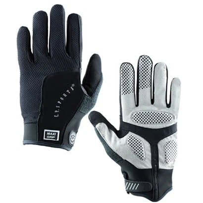 Mustat ja antrasiitin väriset C.P. Sports Maxi Grip Glove -treenihanskat hengittävästä materiaalista.