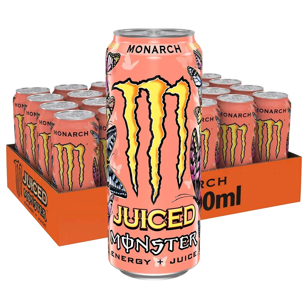 24 x Monster Energy 500 ml Monarch oranssissa laatikossa persikanvärisillä tölkeillä ja perhoskuvioilla.