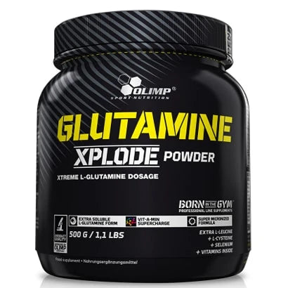 Olimp Glutamine Xplode 500 g -aminohappojauhe mustassa purkissa keltaisella tekstillä.