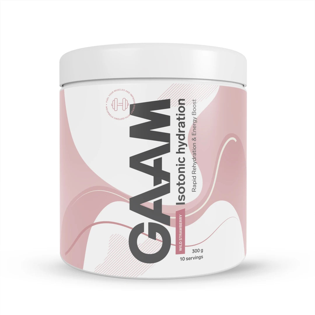 GAAM Isotonic Hydration 300 g -isotoninen juoma valkoisessa purkissa pinkeillä yksityiskohdilla, makuna Wild Strawberry.