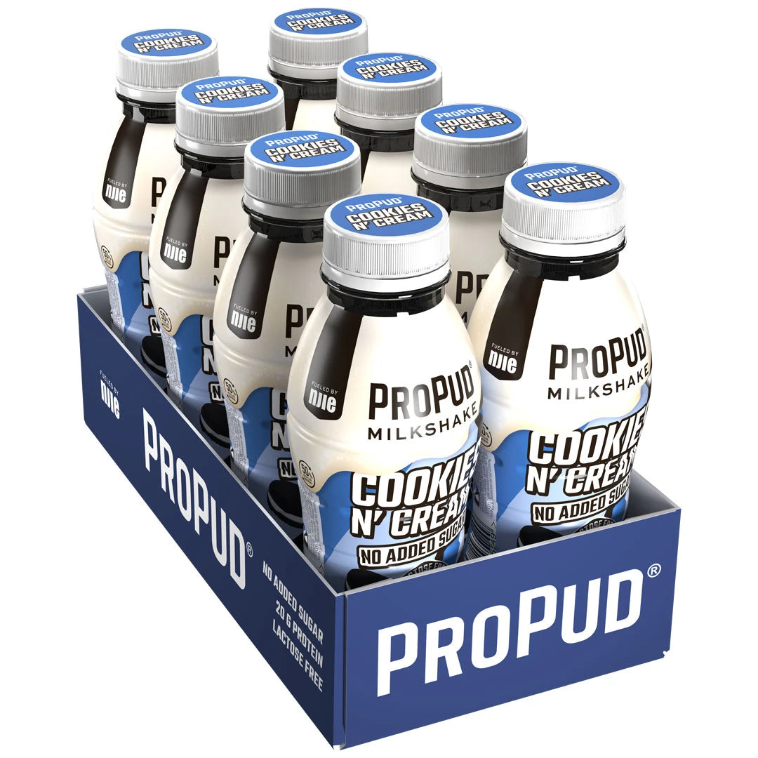 8 x NJIE ProPud Protein Milkshake 330 ml Cookies & Cream sinisessä laatikossa, valkoiset pullot ja siniset etiketit.