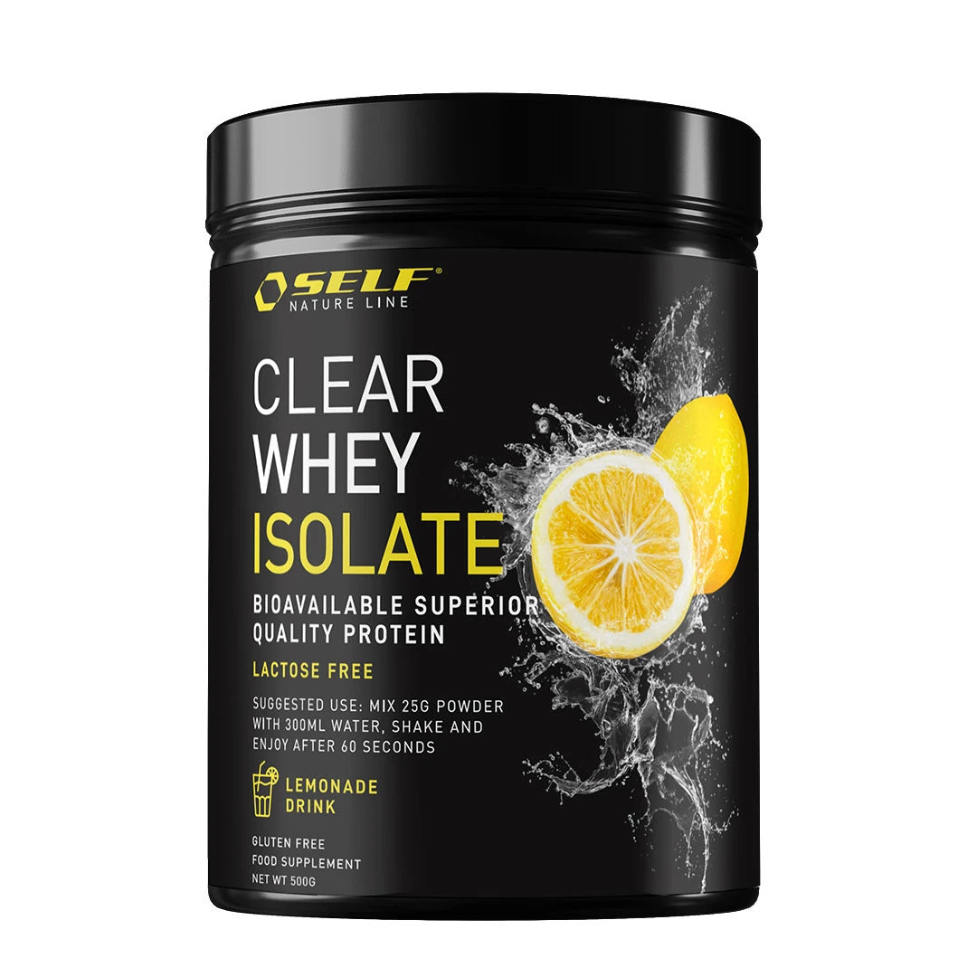 Self Omninutrition Clear Whey Isolate 500 g -proteiinijauhe mustassa purkissa, jossa on sitruunakuvio ja maku Lemonade Drink.