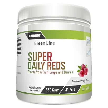 Valkoinen purkki Fairing Daily Reds 250 g -ravintolisää vihreillä yksityiskohdilla ja vadelmakuvituksella.